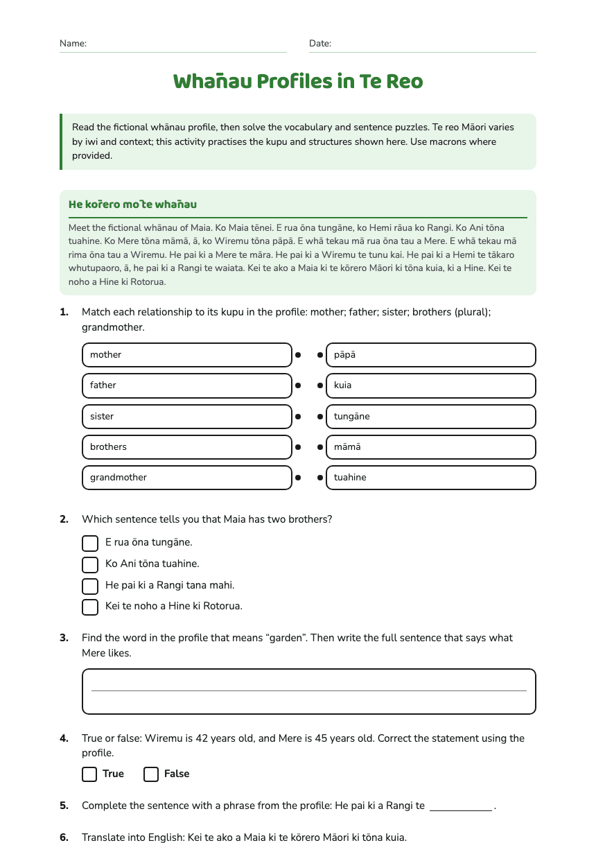 Whānau Profiles in Te Reo worksheet preview