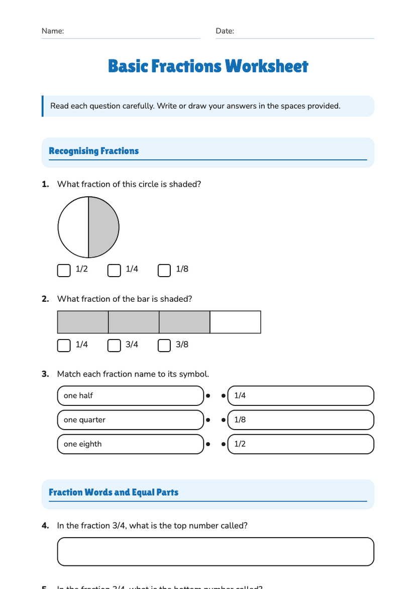 Basic Fractions Worksheet