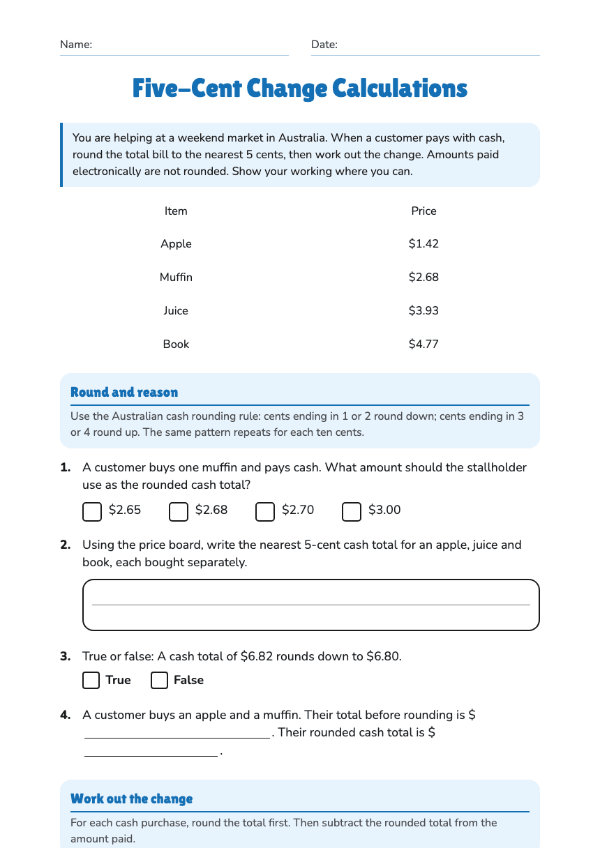 Five-Cent Change Calculations worksheet preview