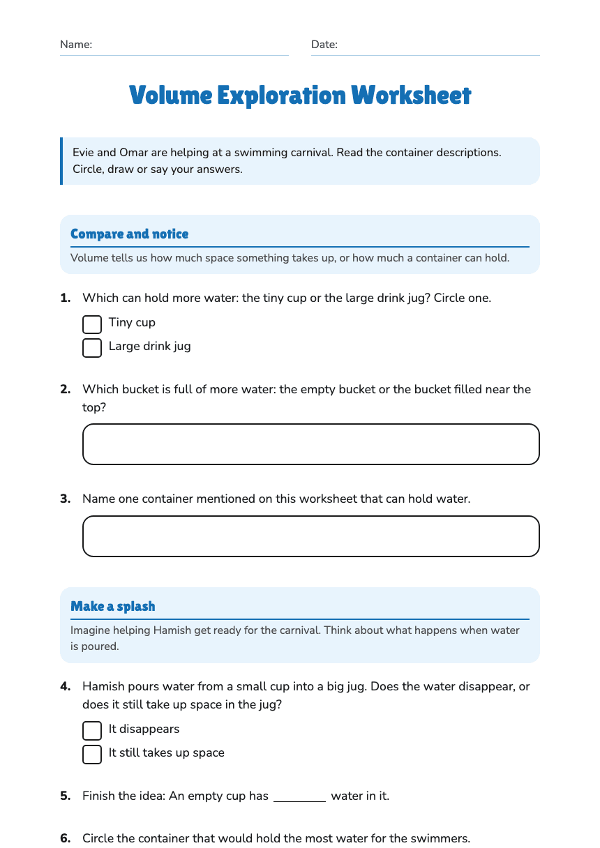 Volume Exploration Worksheet worksheet preview