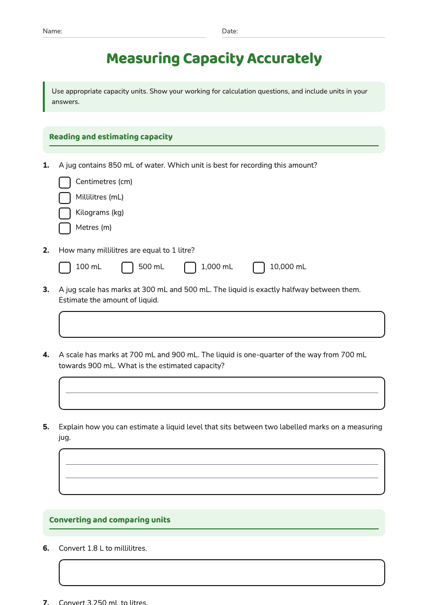 Measuring Capacity Accurately worksheet preview