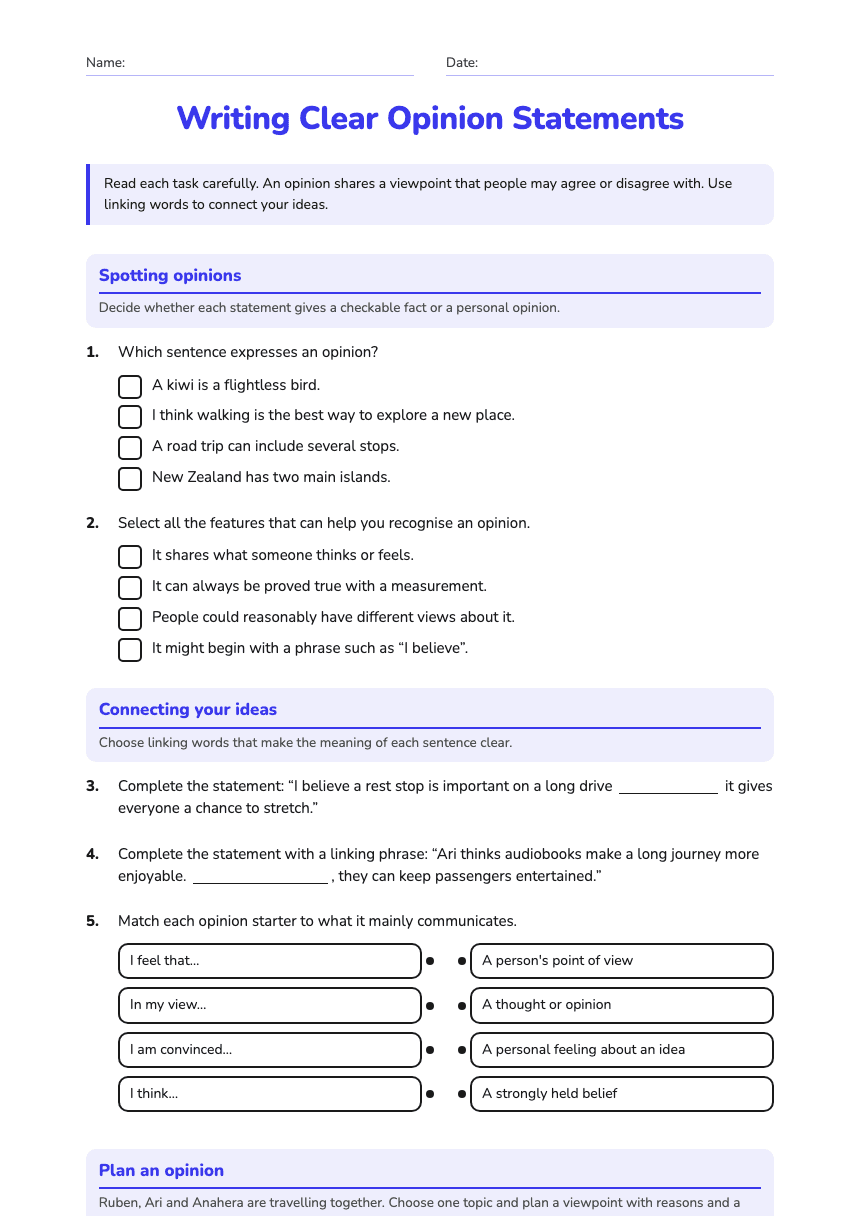 Writing Clear Opinion Statements worksheet preview
