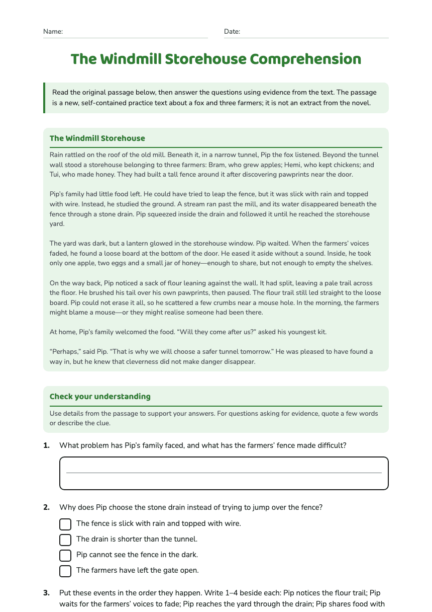The Windmill Storehouse Comprehension worksheet preview