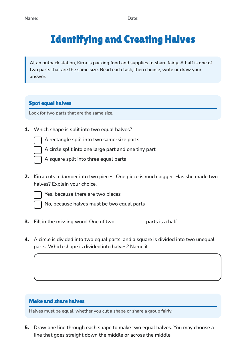 Identifying and Creating Halves worksheet preview