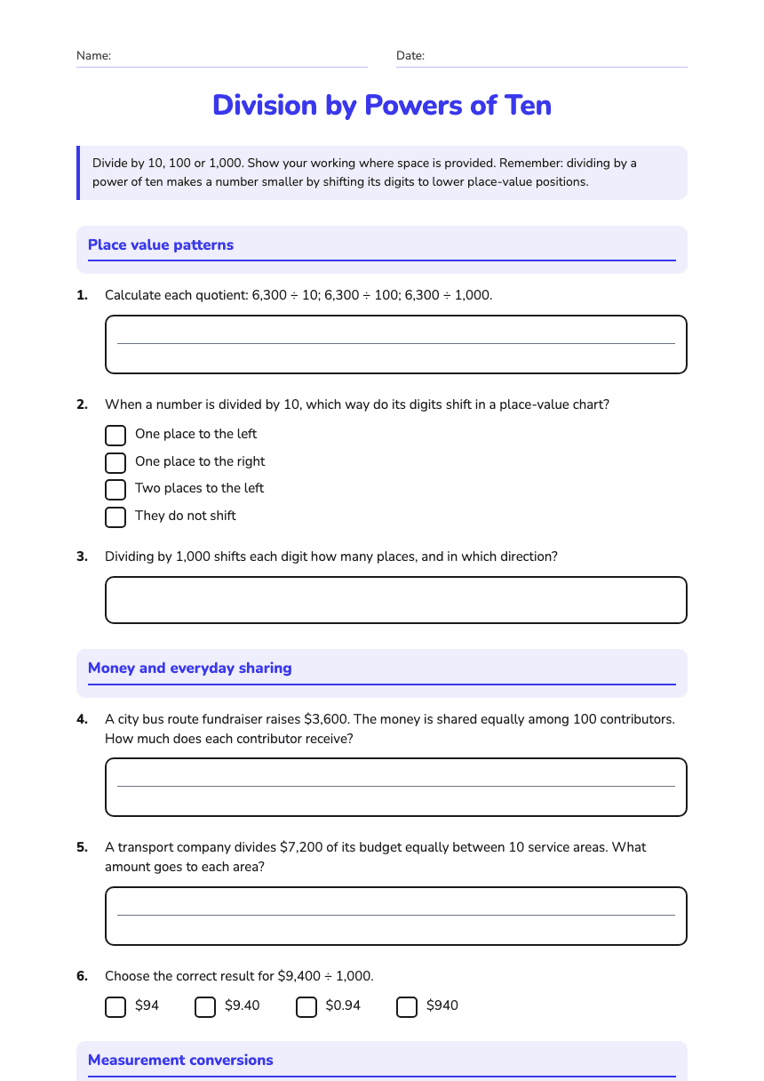 Division by Powers of Ten worksheet preview