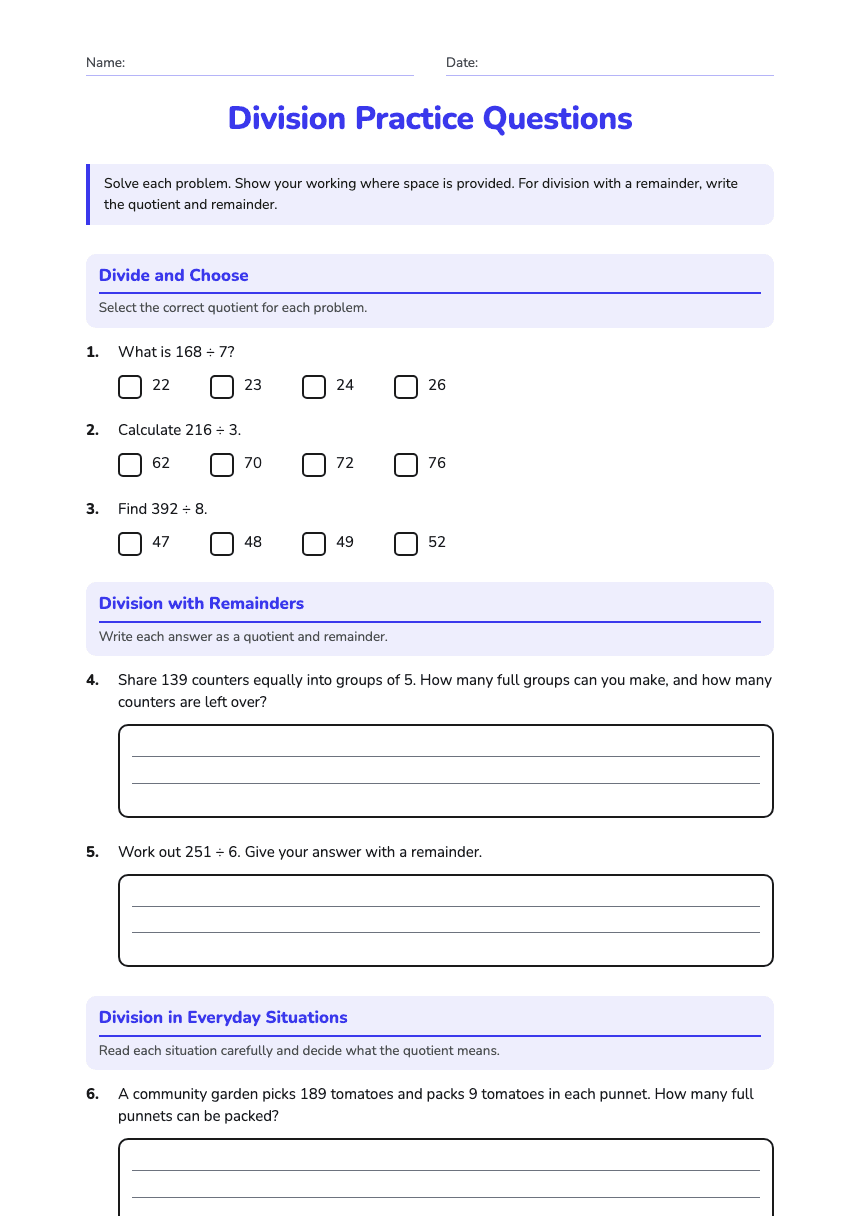Division Practice Questions worksheet preview