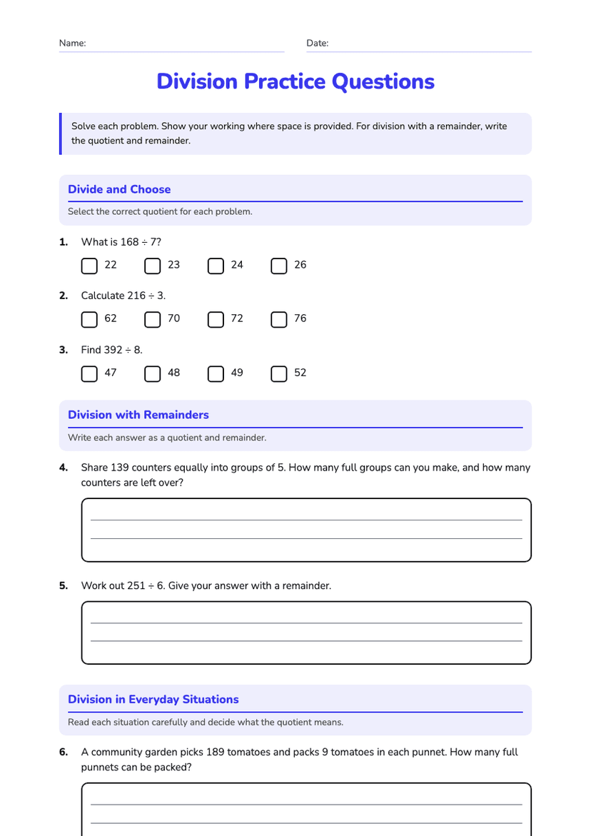 Division Practice Questions