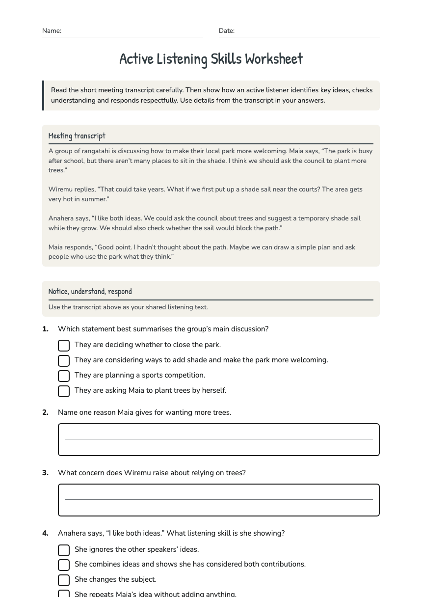 Active Listening Skills Worksheet worksheet preview