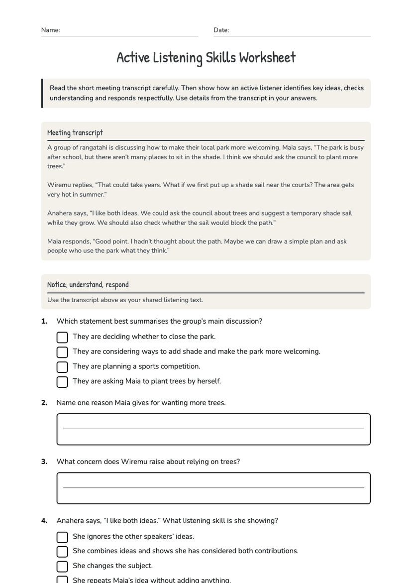 Active Listening Skills Worksheet