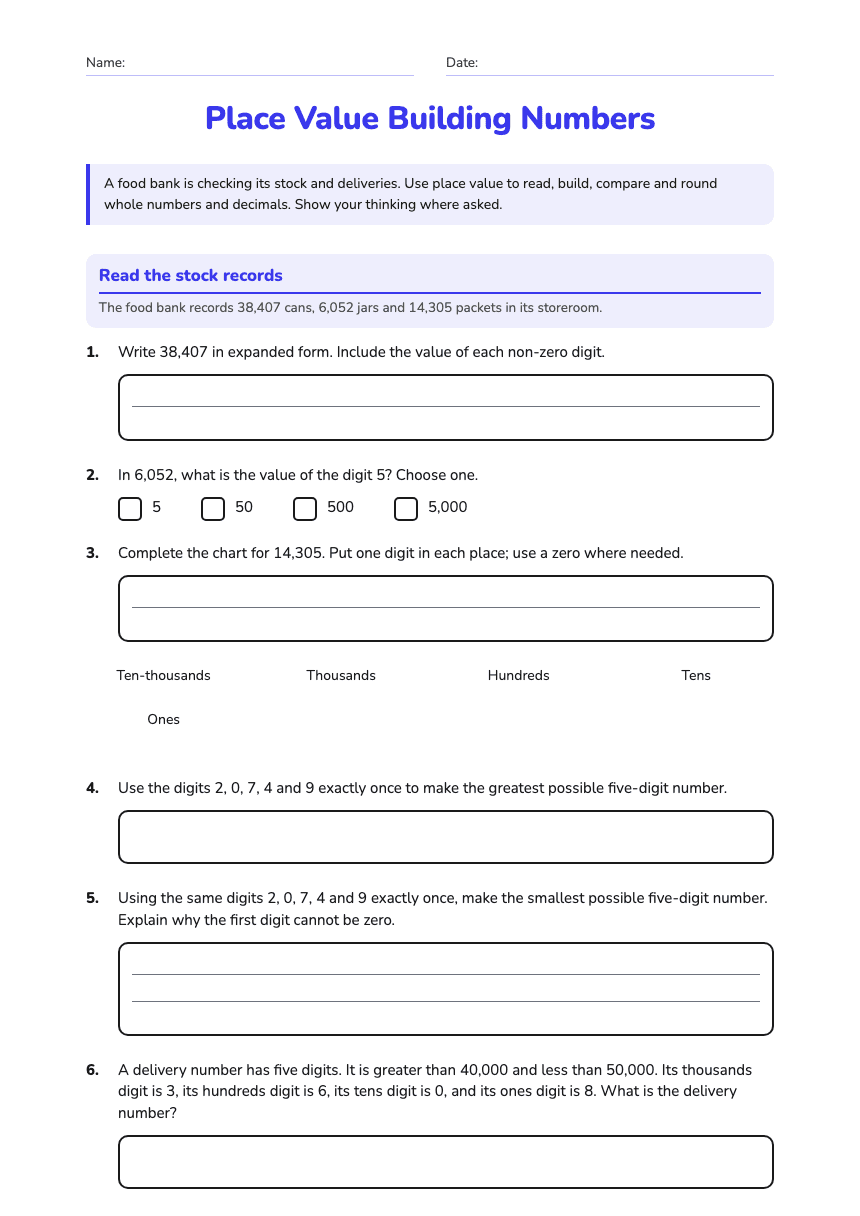 Place Value Building Numbers worksheet preview