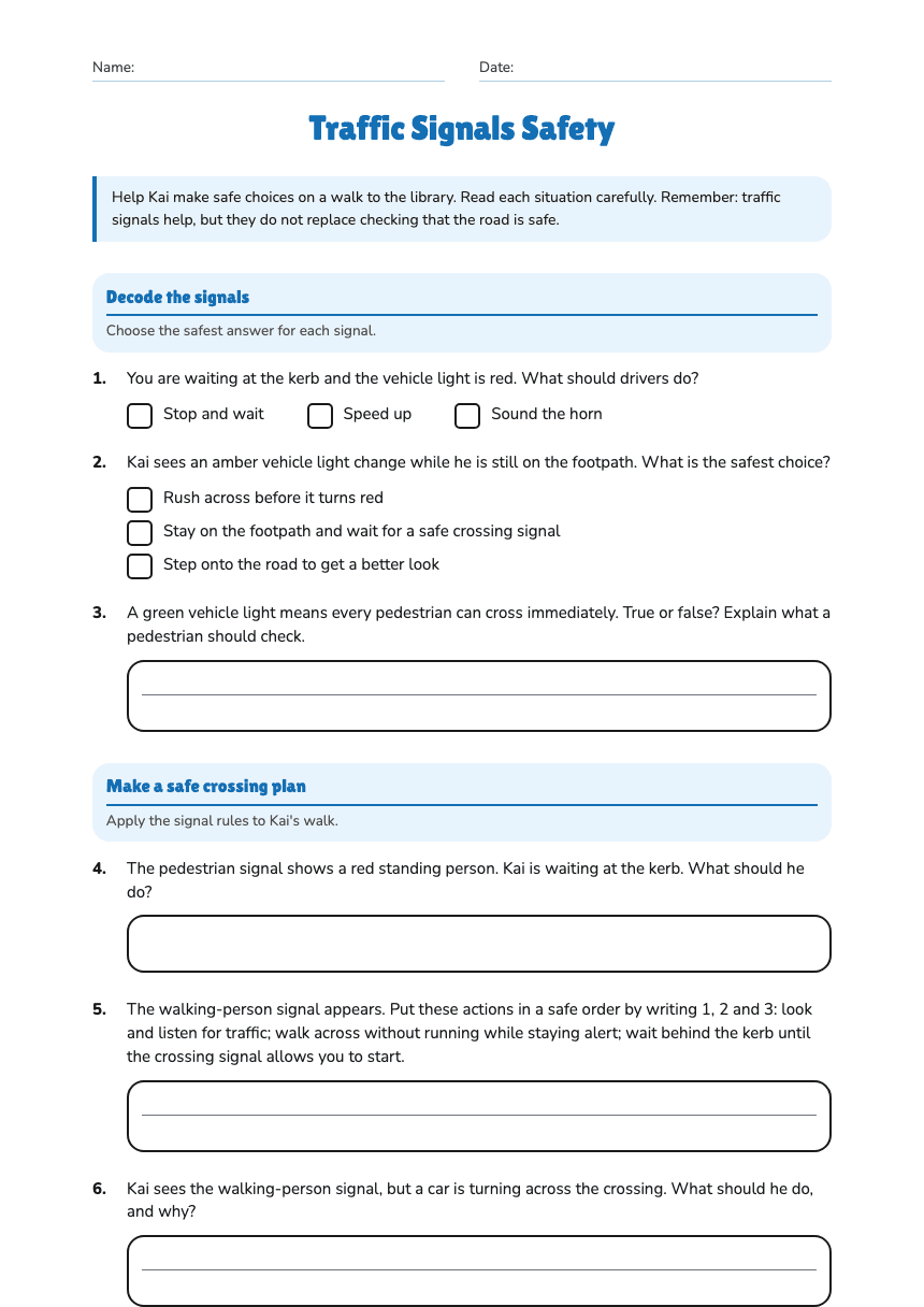 Traffic Signals Safety worksheet preview