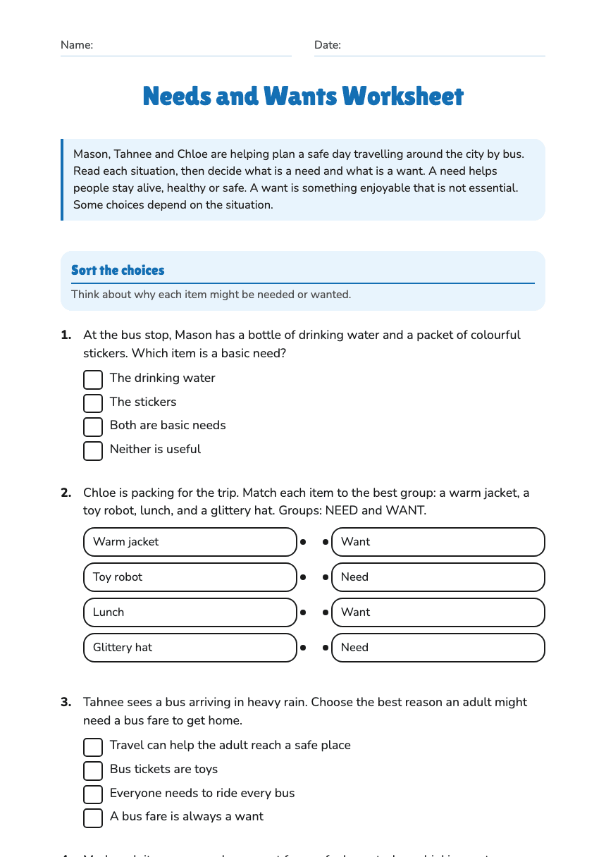 Needs and Wants Worksheet worksheet preview