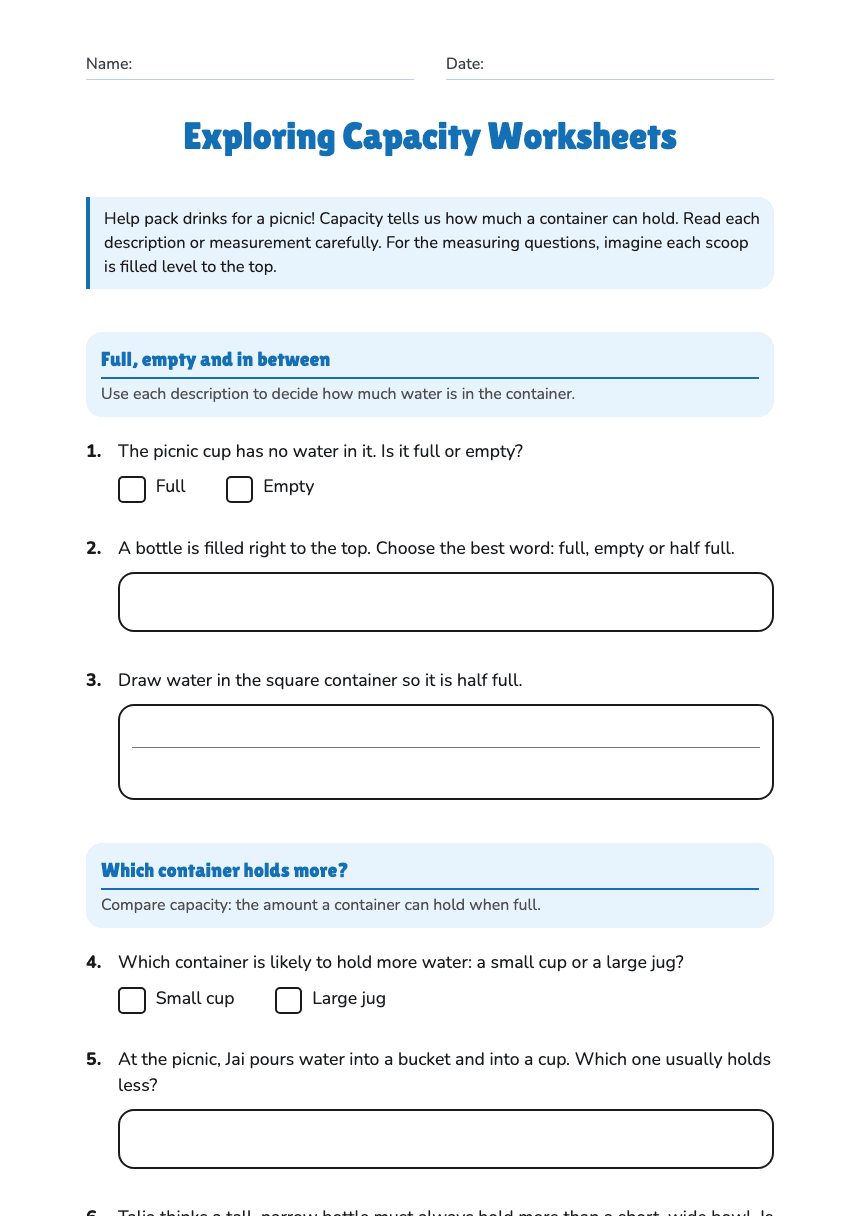 Exploring Capacity Worksheets worksheet preview