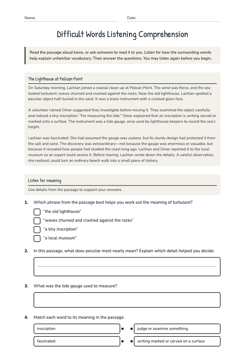 Difficult Words Listening Comprehension worksheet preview