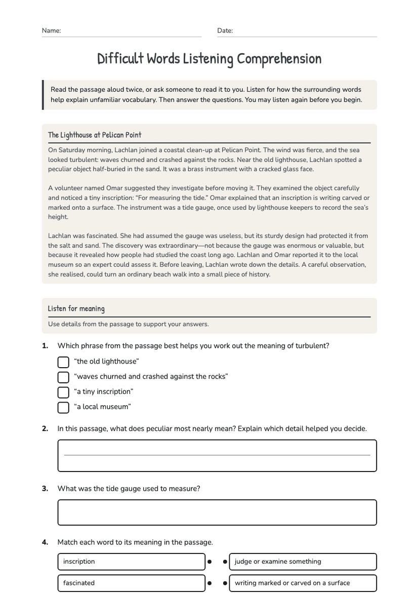 Difficult Words Listening Comprehension