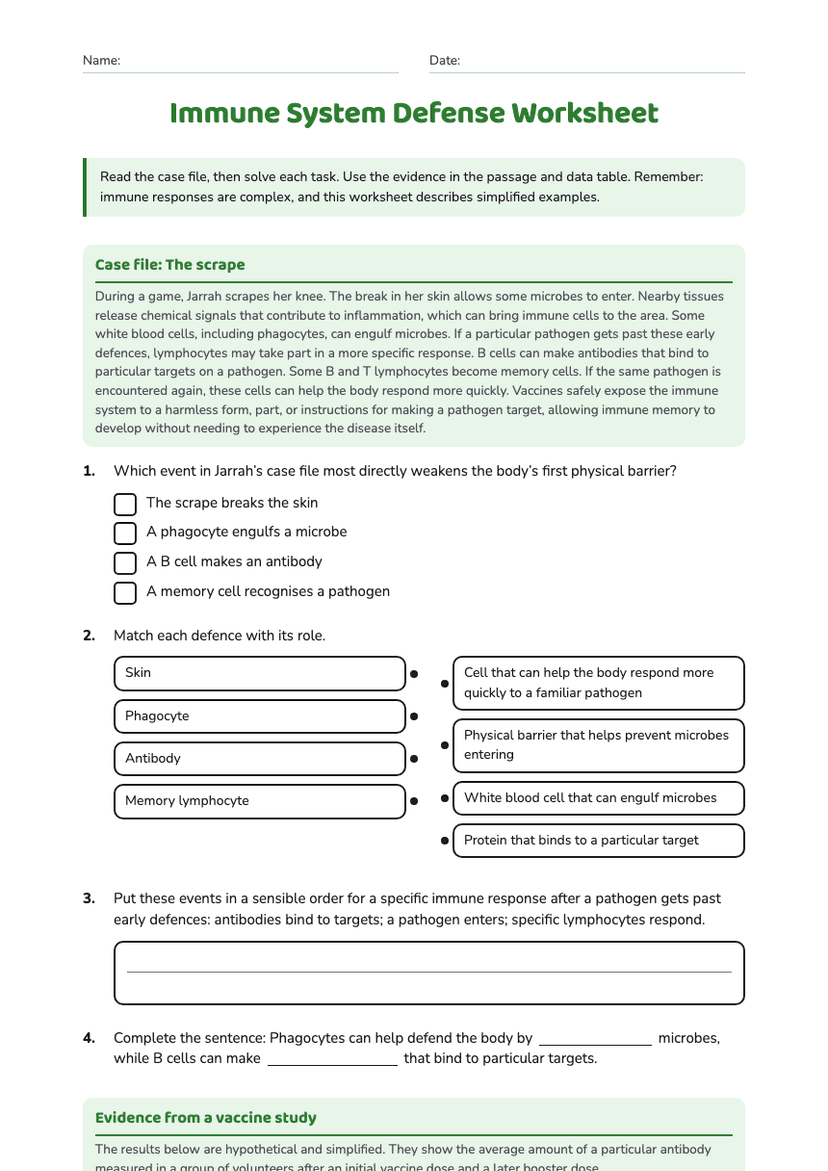 Immune System Defense Worksheet
