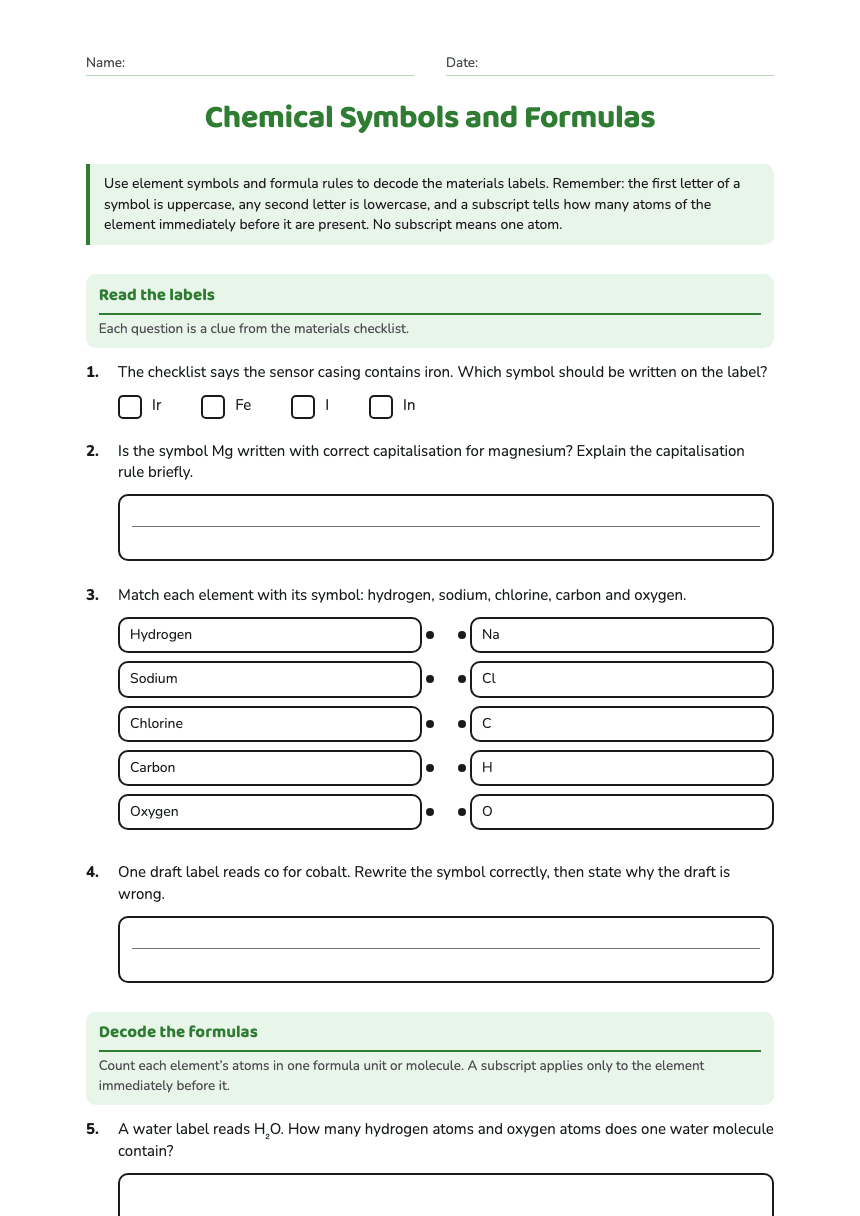 Chemical Symbols and Formulas worksheet preview