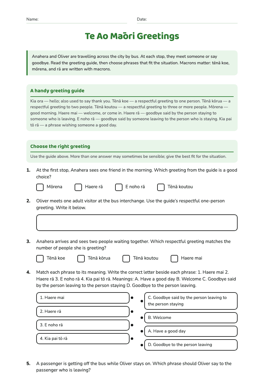 Te Ao Māori Greetings worksheet preview