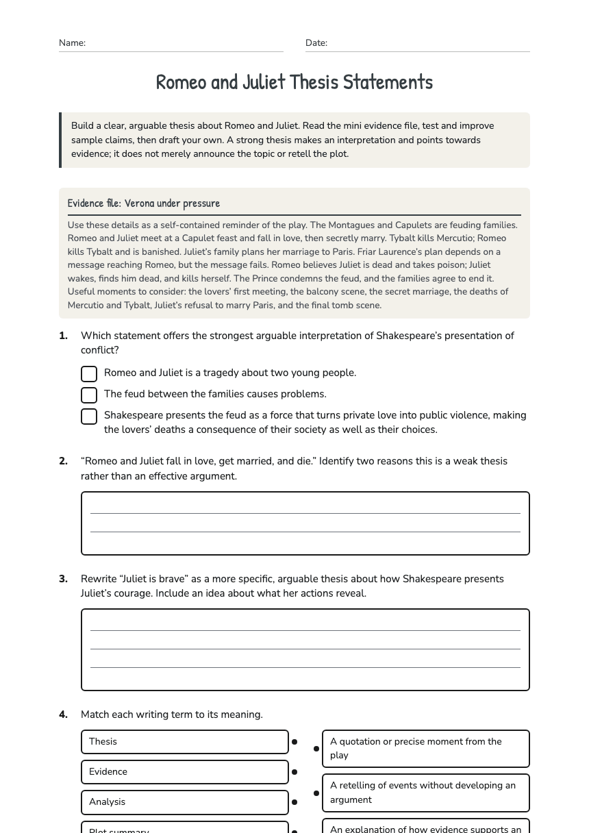 Romeo and Juliet Thesis Statements worksheet preview