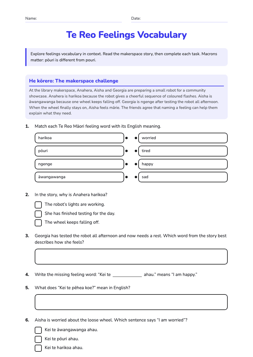 Te Reo Feelings Vocabulary worksheet preview