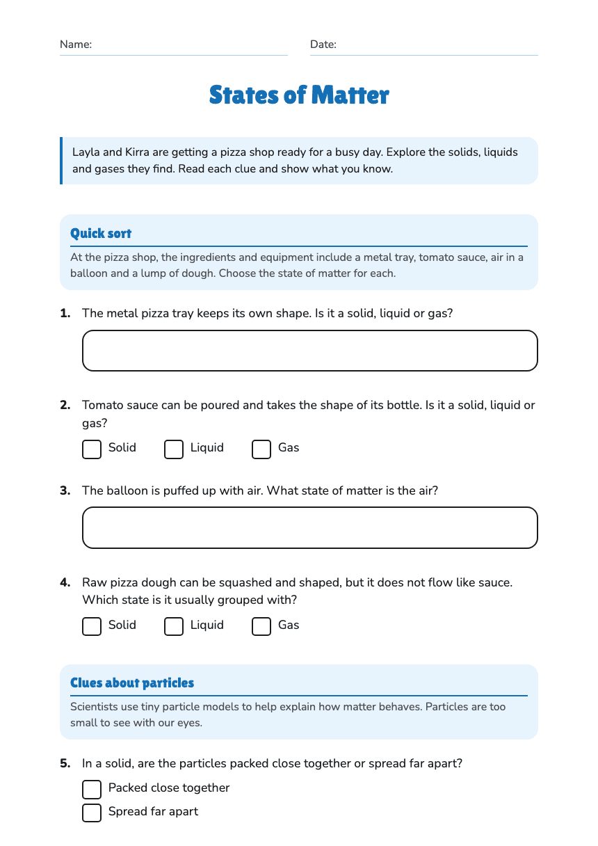 States of Matter worksheet preview