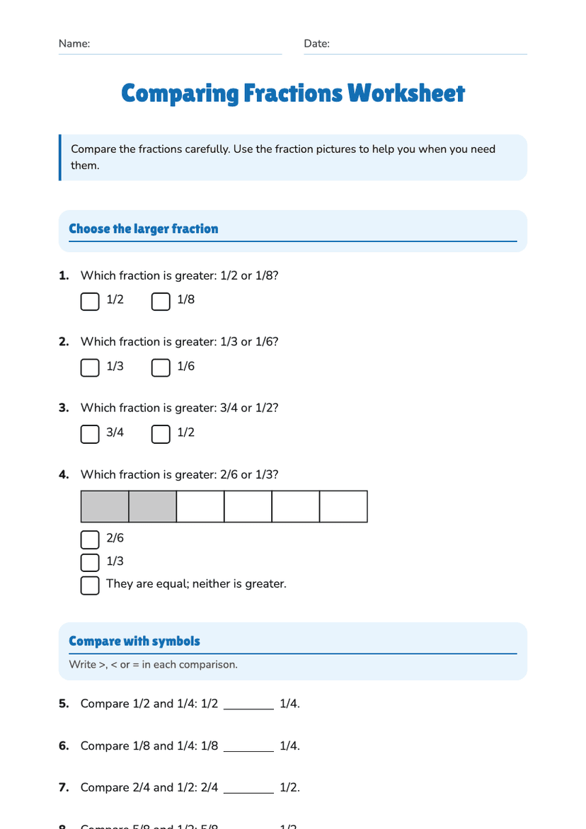 Comparing Fractions Worksheet