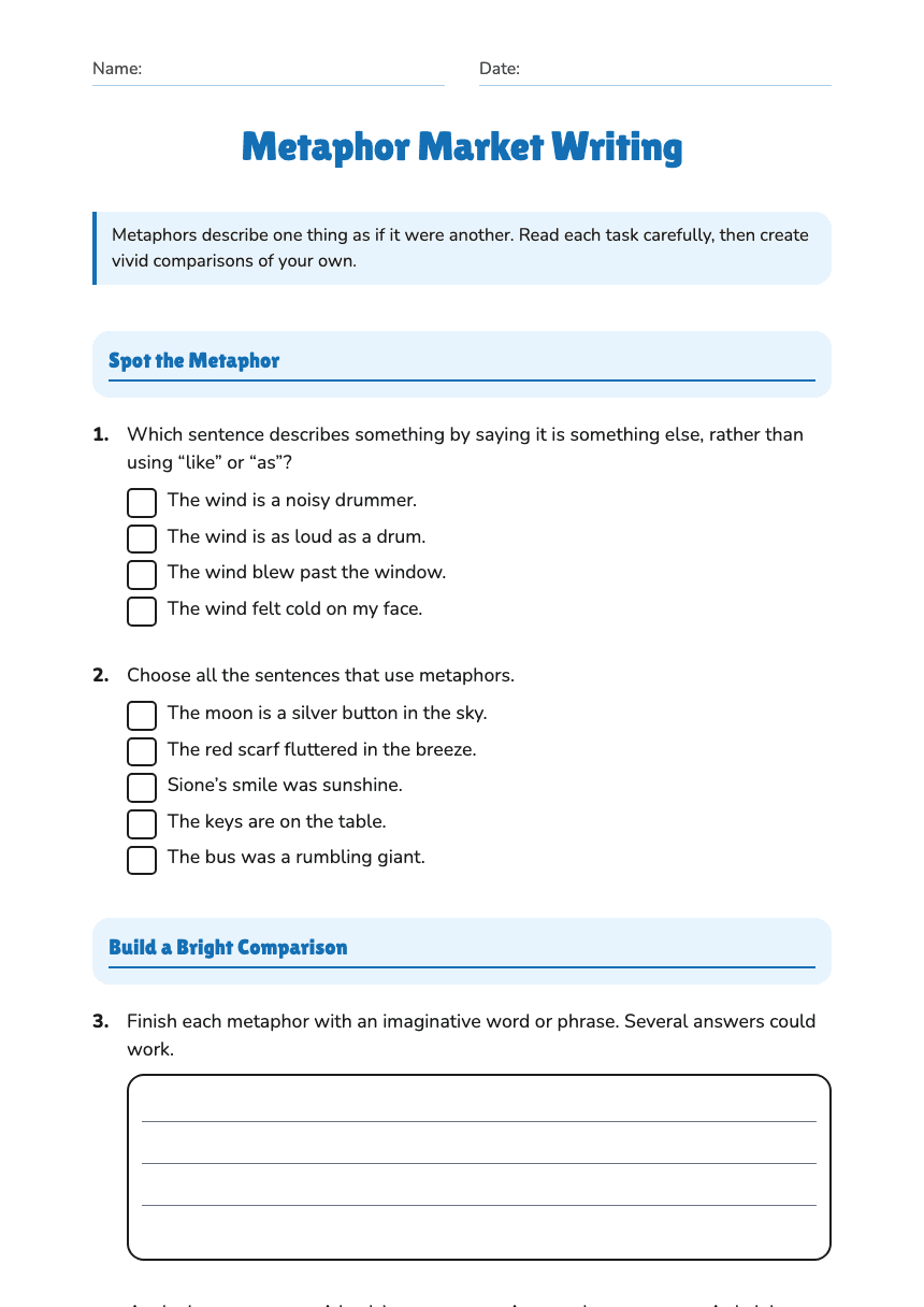 Metaphor Market Writing worksheet preview
