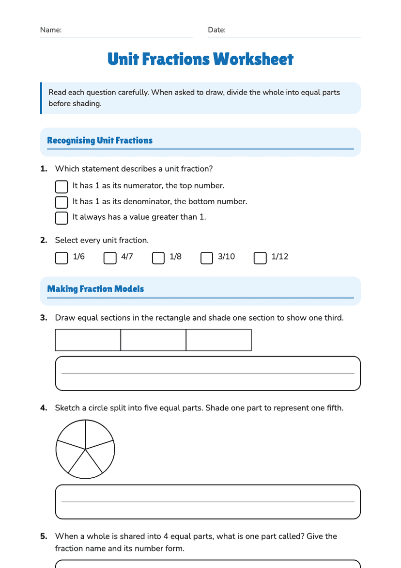 Unit Fractions Worksheet