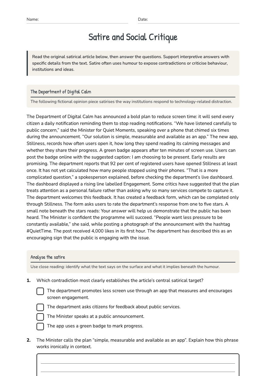 Satire and Social Critique worksheet preview