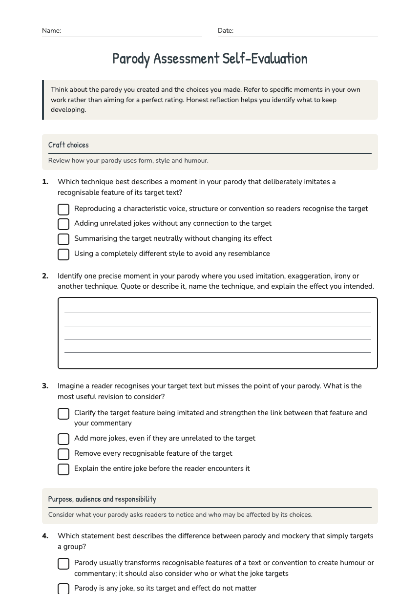 Parody Assessment Self-Evaluation worksheet preview