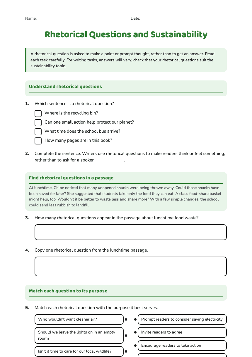 Rhetorical Questions and Sustainability worksheet preview