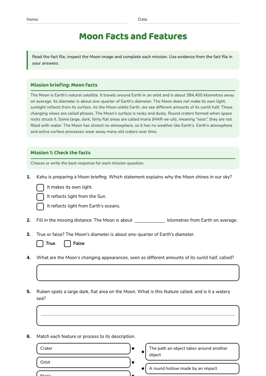 Moon Facts and Features worksheet preview