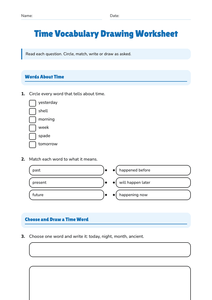 Time Vocabulary Drawing Worksheet worksheet preview