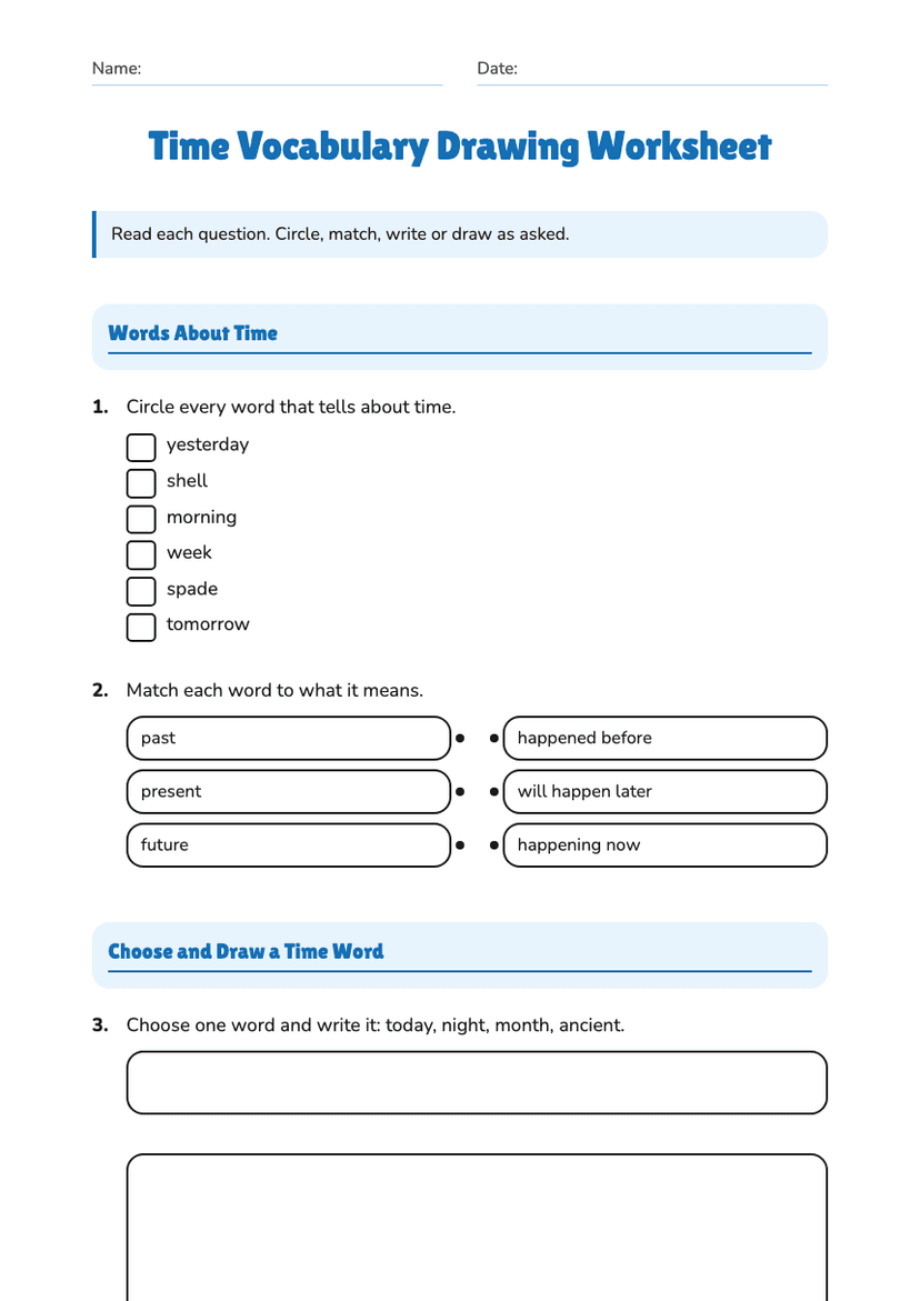 Time Vocabulary Drawing Worksheet