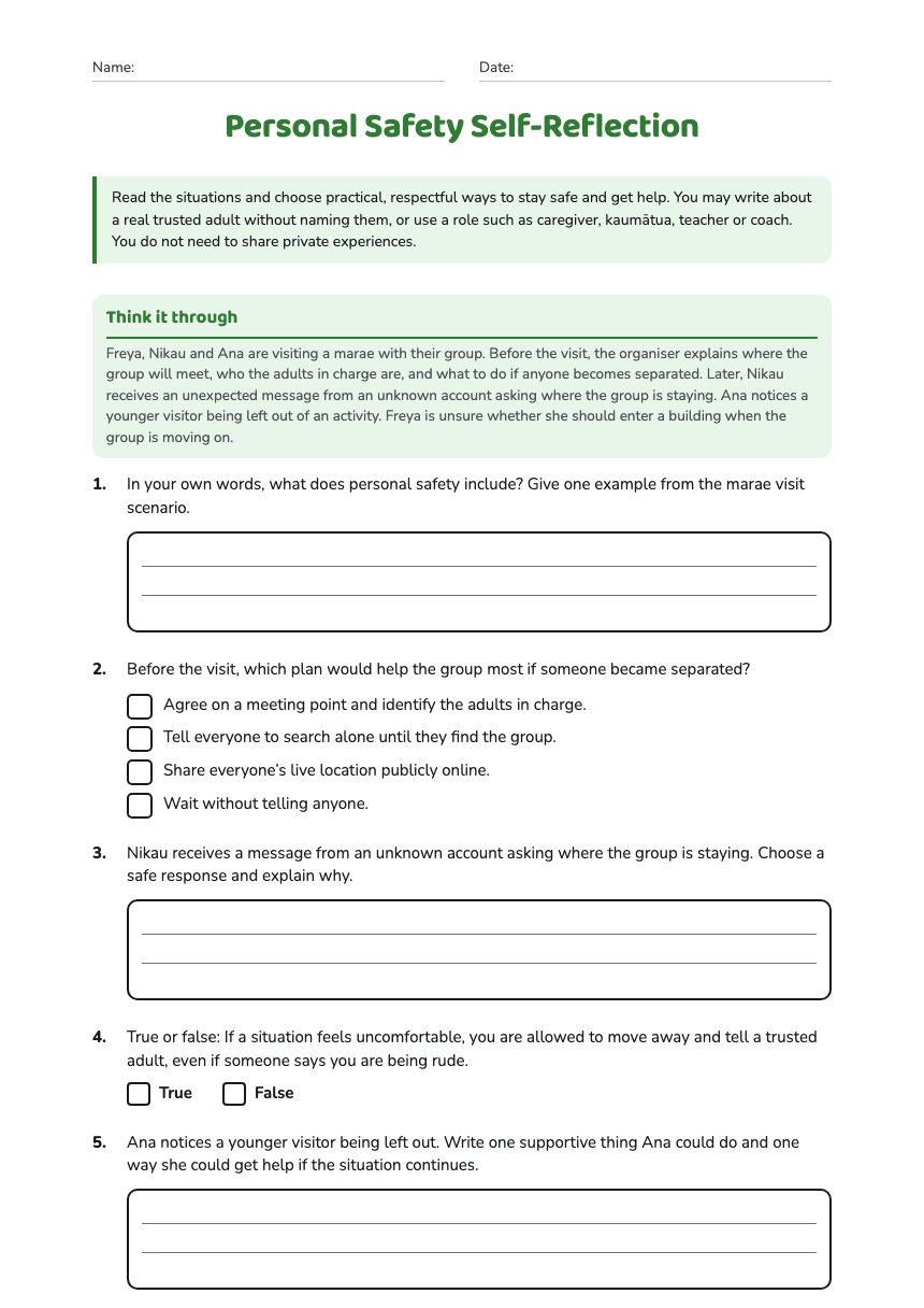 Personal Safety Self-Reflection worksheet preview