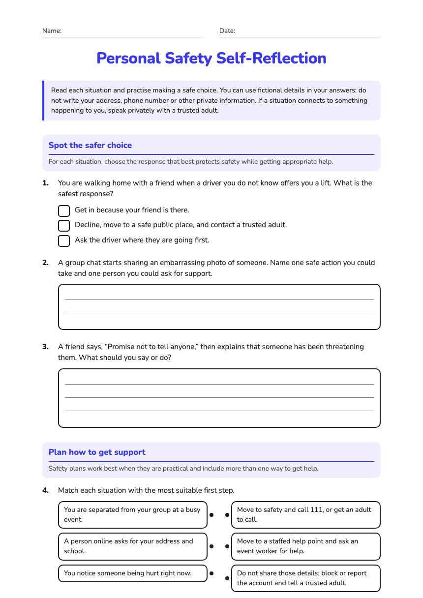 Personal Safety Self-Reflection worksheet preview