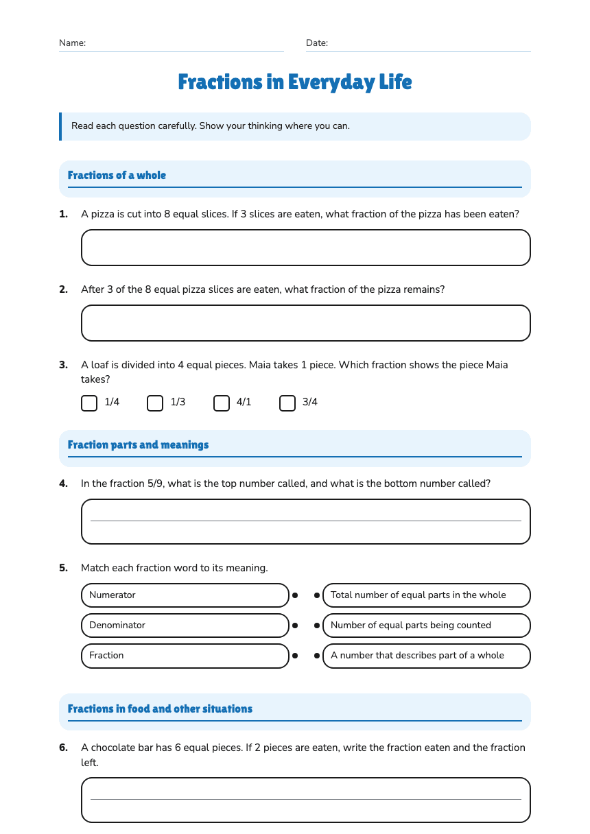 Fractions in Everyday Life worksheet preview