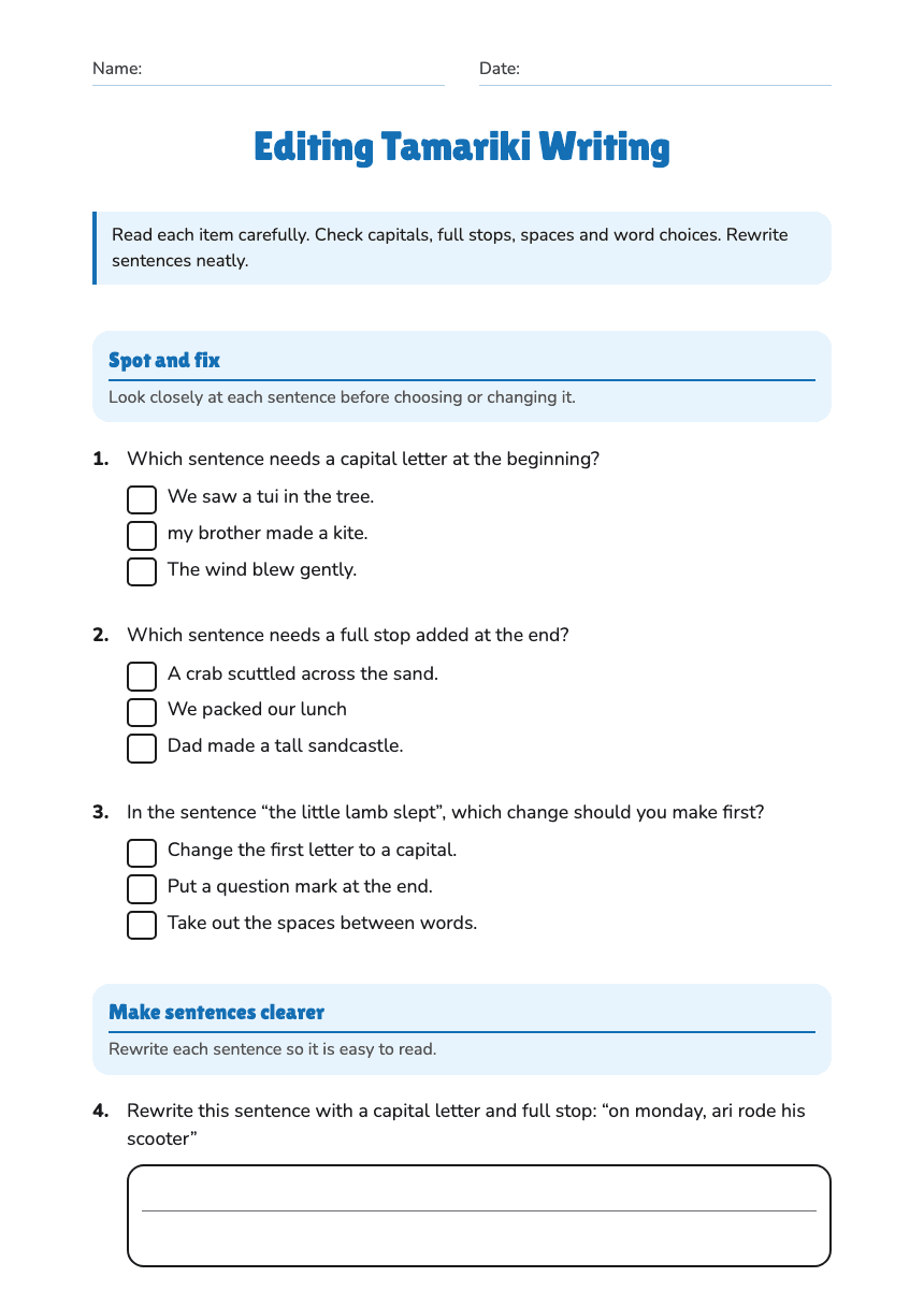 Editing Tamariki Writing worksheet preview