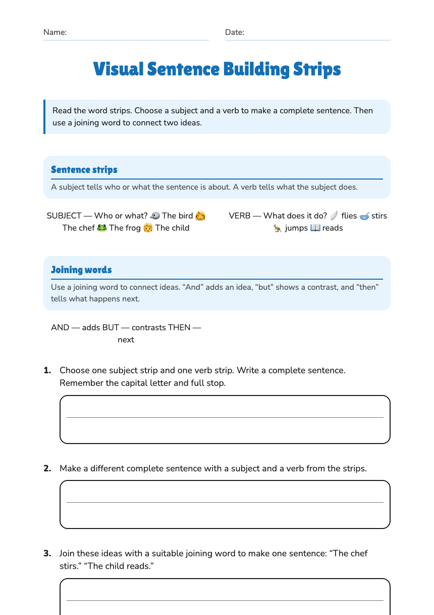Visual Sentence Building Strips worksheet preview