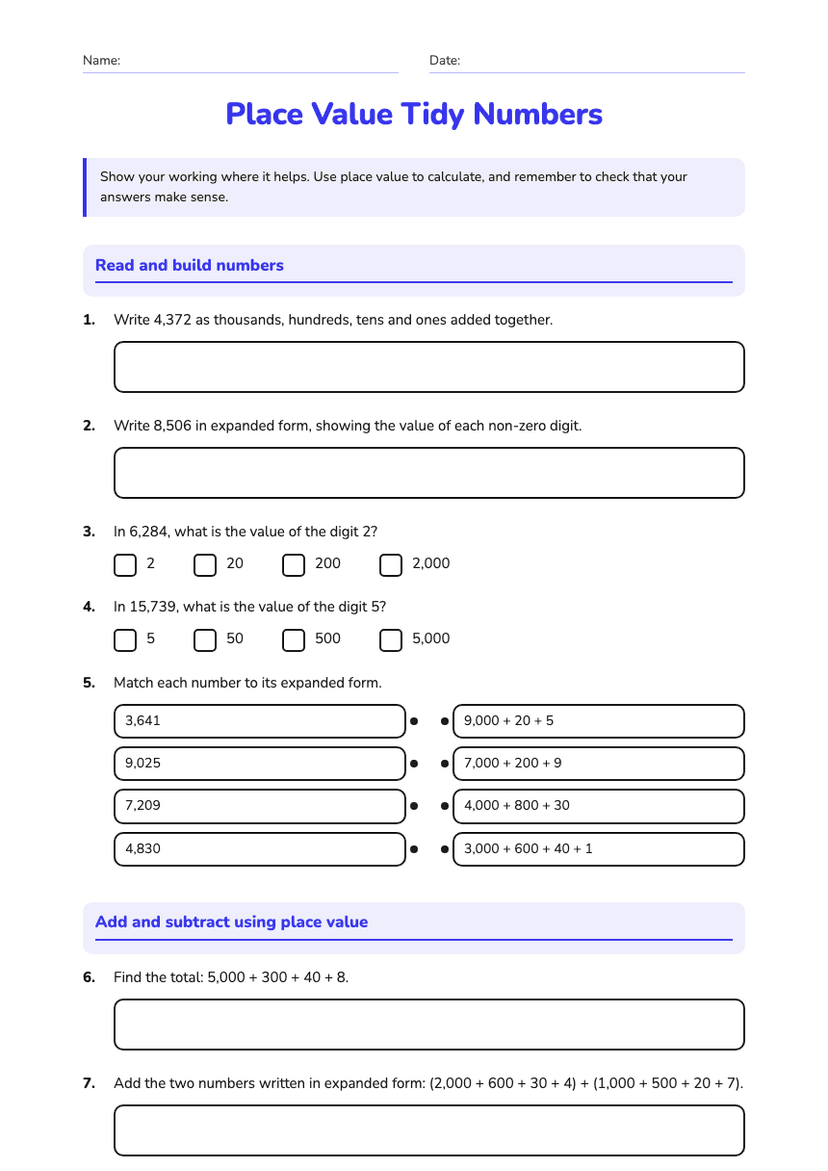 Place Value Tidy Numbers
