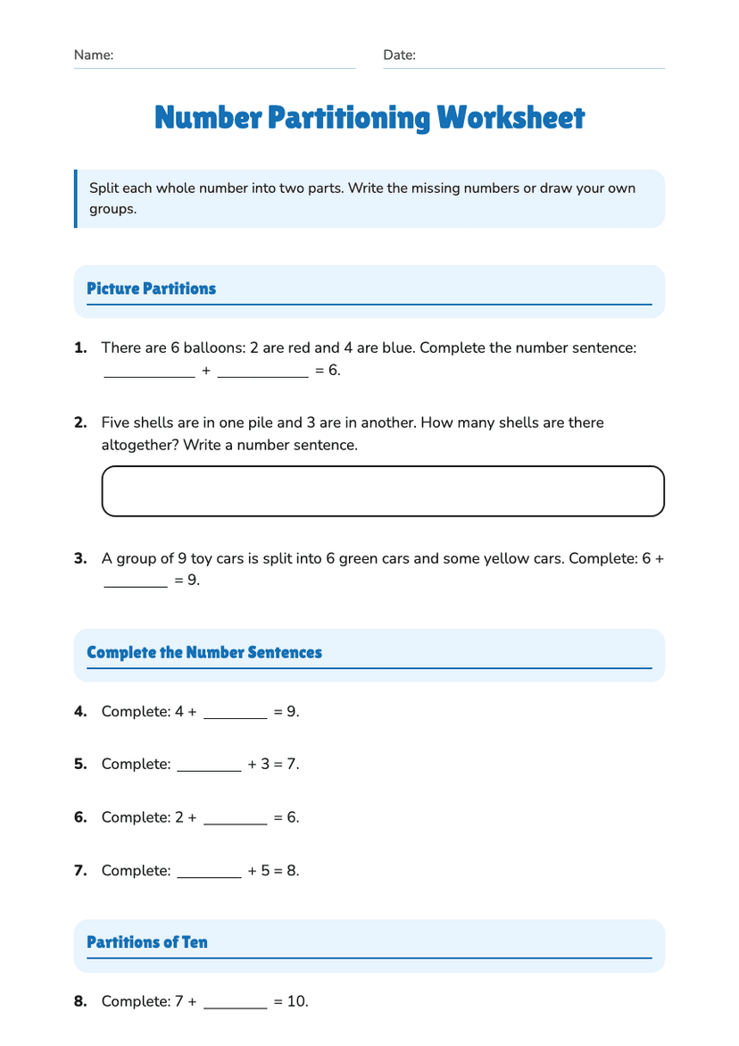 Number Partitioning Worksheet