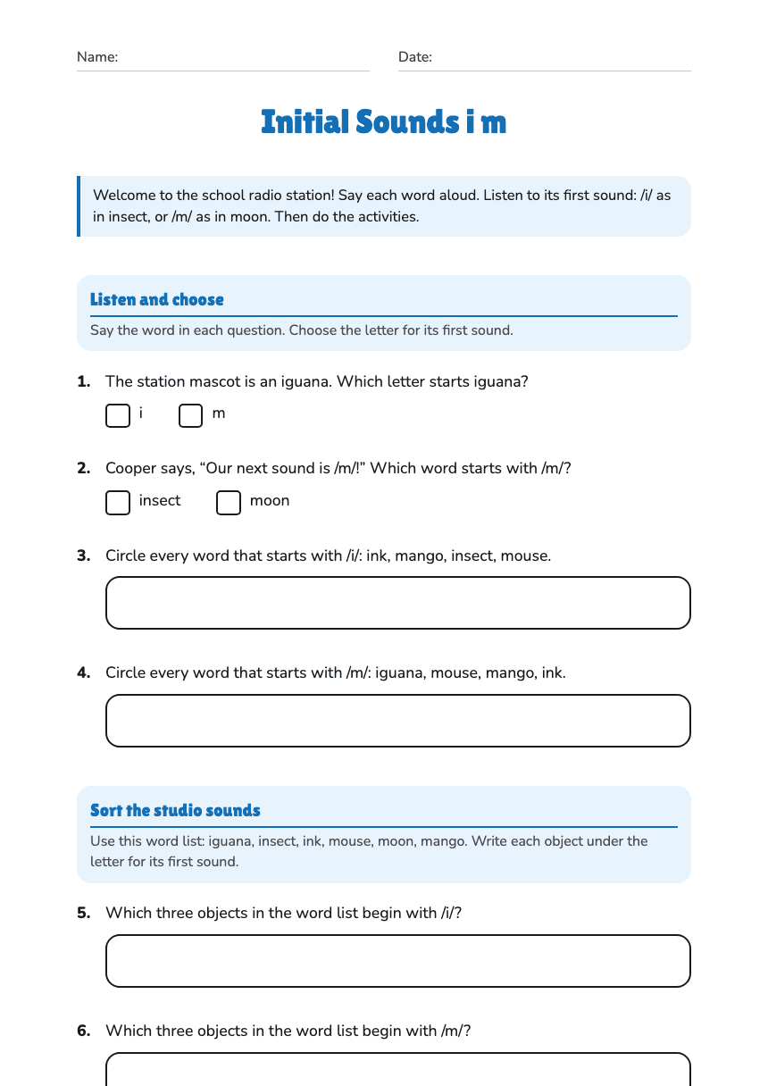 Initial Sounds i m worksheet preview