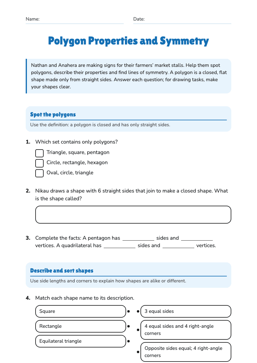 Polygon Properties and Symmetry worksheet preview