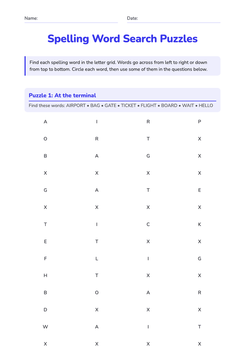 Spelling Word Search Puzzles