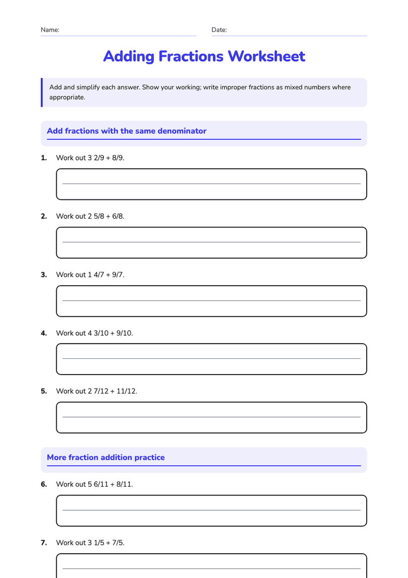Adding Fractions Worksheet