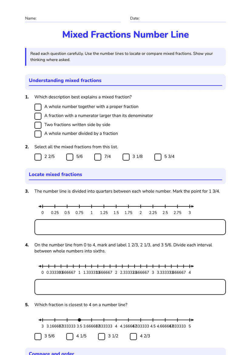 Mixed Fractions Number Line