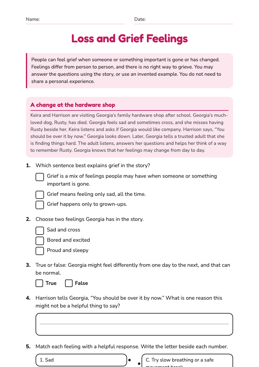 Loss and Grief Feelings worksheet preview