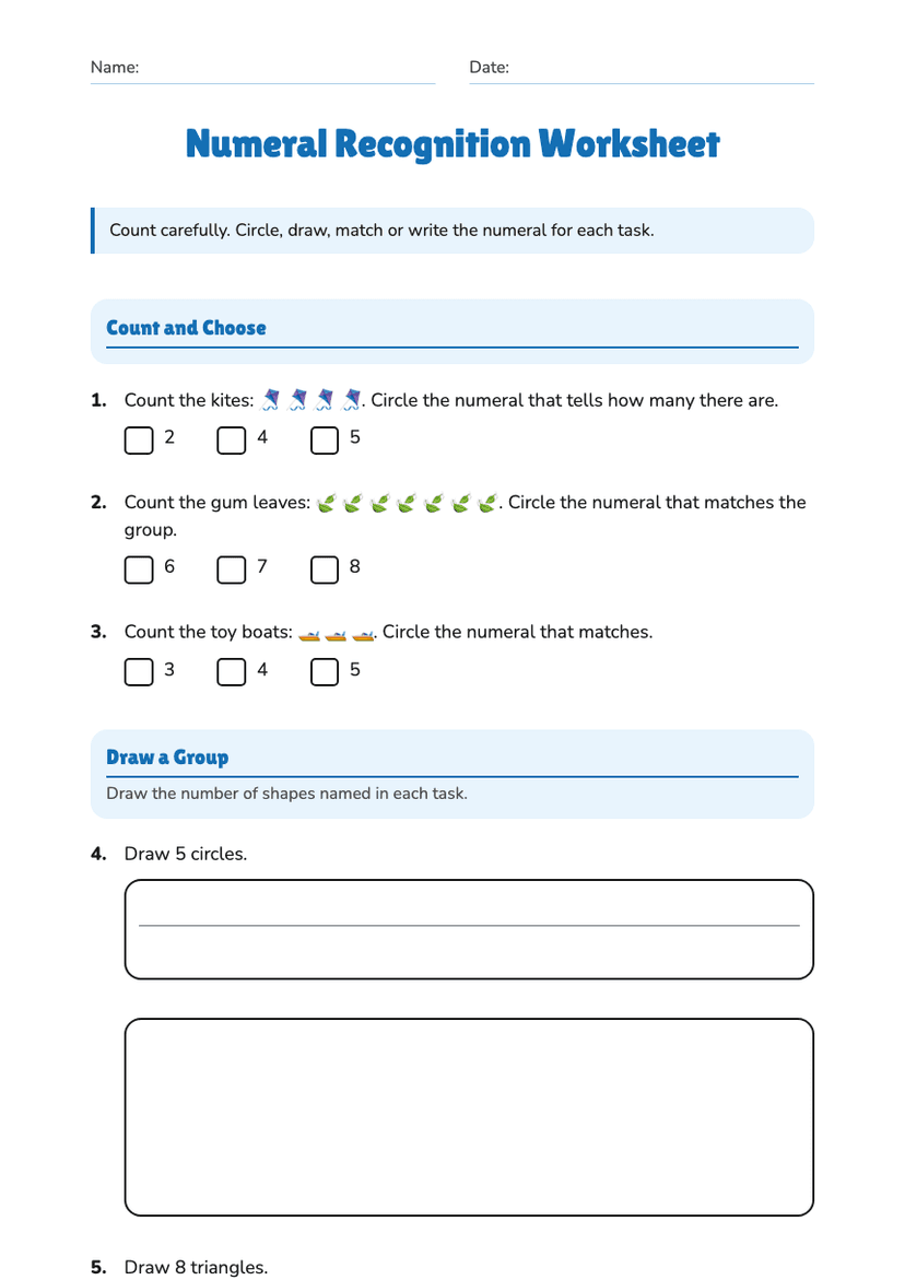 Numeral Recognition Worksheet