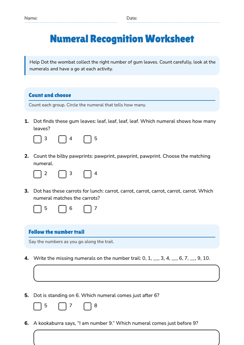 Numeral Recognition Worksheet