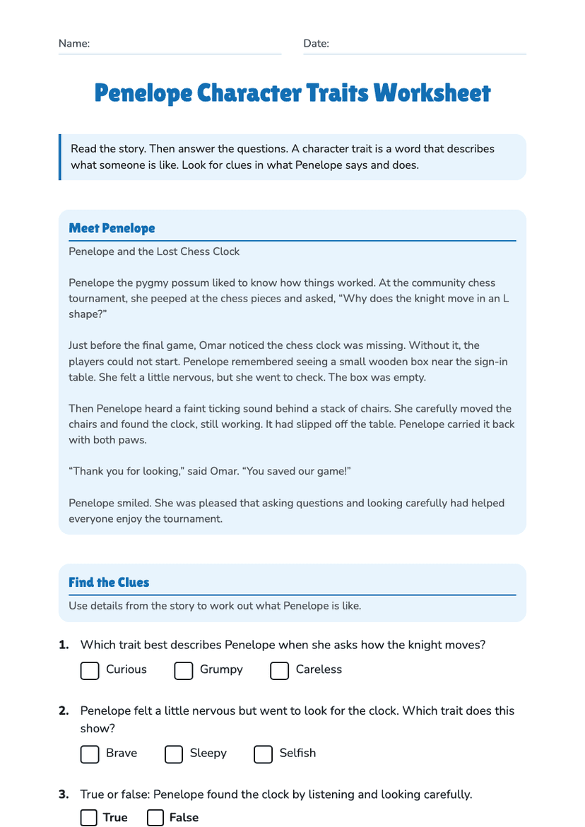 Penelope Character Traits Worksheet
